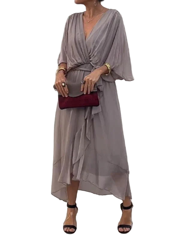 Women’s Elegant Chiffon Dress – Flowing V-Neck Design with Waist Tie and Sheer Overlay