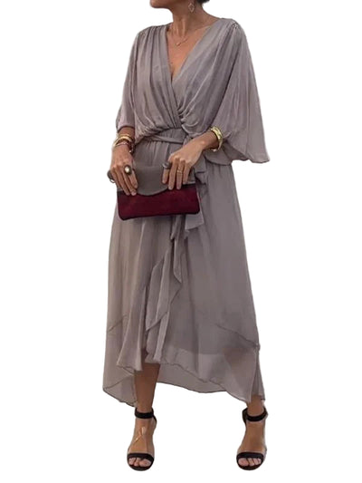 Women’s Elegant Chiffon Dress – Flowing V-Neck Design with Waist Tie and Sheer Overlay