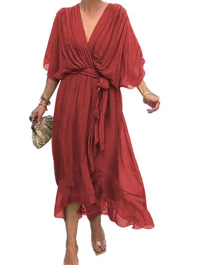 Women’s Elegant Chiffon Dress – Flowing V-Neck Design with Waist Tie and Sheer Overlay