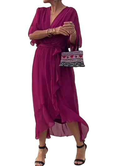 Women’s Elegant Chiffon Dress – Flowing V-Neck Design with Waist Tie and Sheer Overlay