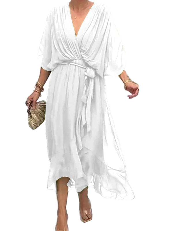 Women’s Elegant Chiffon Dress – Flowing V-Neck Design with Waist Tie and Sheer Overlay