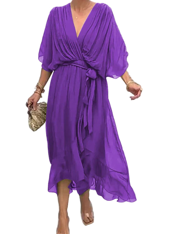 Women’s Elegant Chiffon Dress – Flowing V-Neck Design with Waist Tie and Sheer Overlay