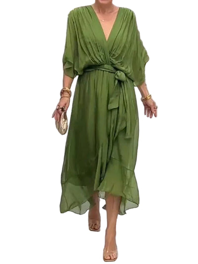 Women’s Elegant Chiffon Dress – Flowing V-Neck Design with Waist Tie and Sheer Overlay