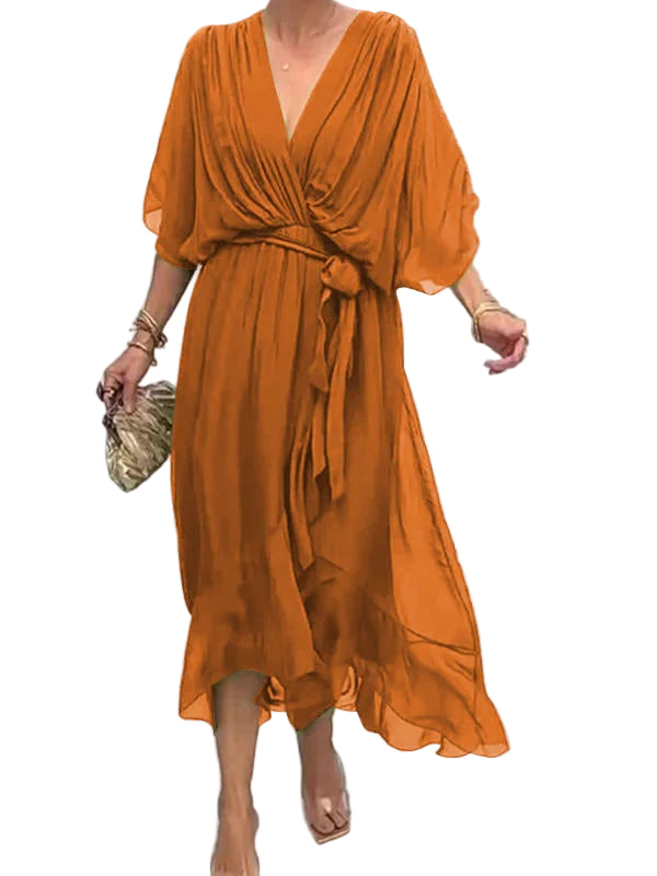 Women’s Elegant Chiffon Dress – Flowing V-Neck Design with Waist Tie and Sheer Overlay
