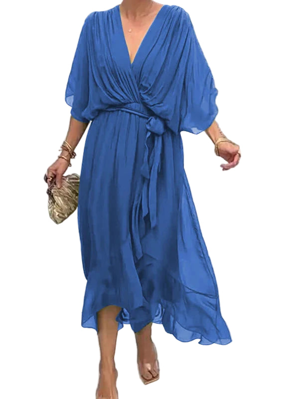Women’s Elegant Chiffon Dress – Flowing V-Neck Design with Waist Tie and Sheer Overlay