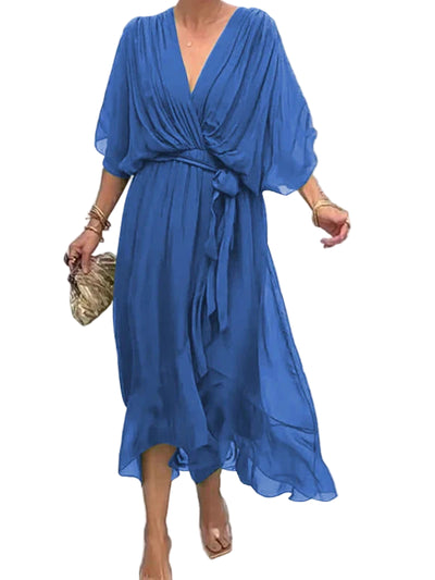 Women’s Elegant Chiffon Dress – Flowing V-Neck Design with Waist Tie and Sheer Overlay