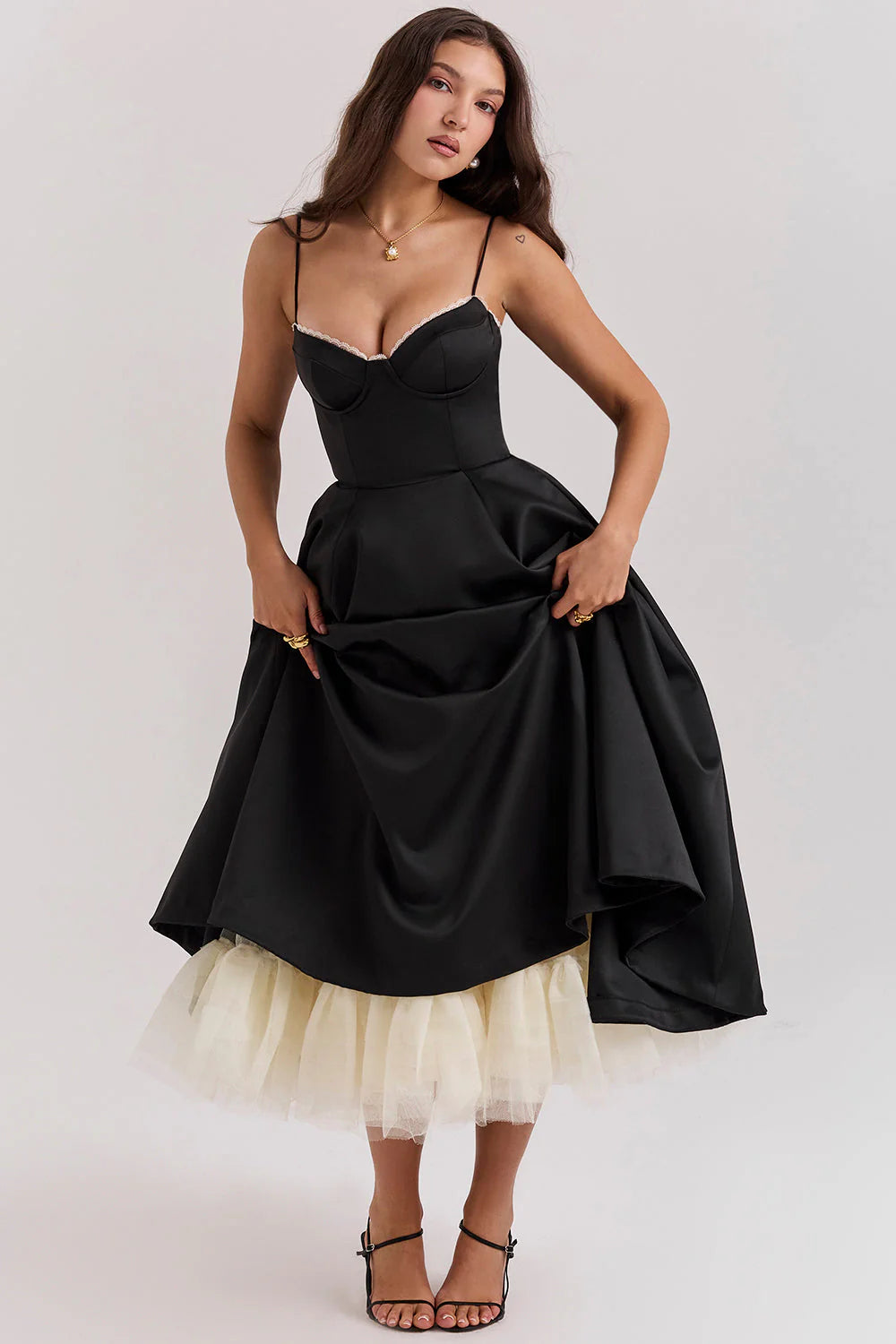 Women’s Midi Dress – Elegant Fit-and-Flare Design with Layered Tulle Hem