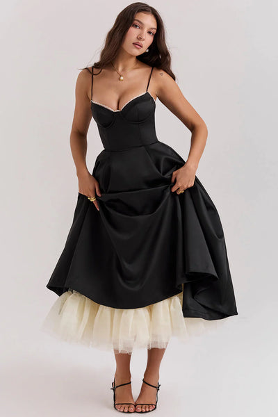 Women’s Midi Dress – Elegant Fit-and-Flare Design with Layered Tulle Hem