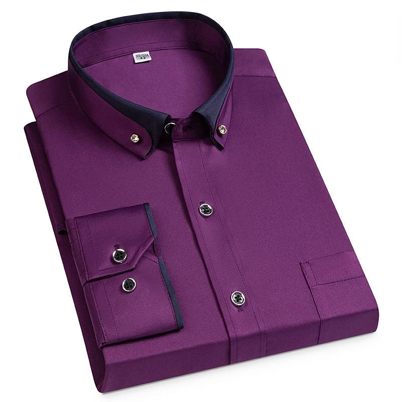Men's Stretch Shirt with Stand-Up Collar - Wrinkle-Free Comfortable Work Shirt