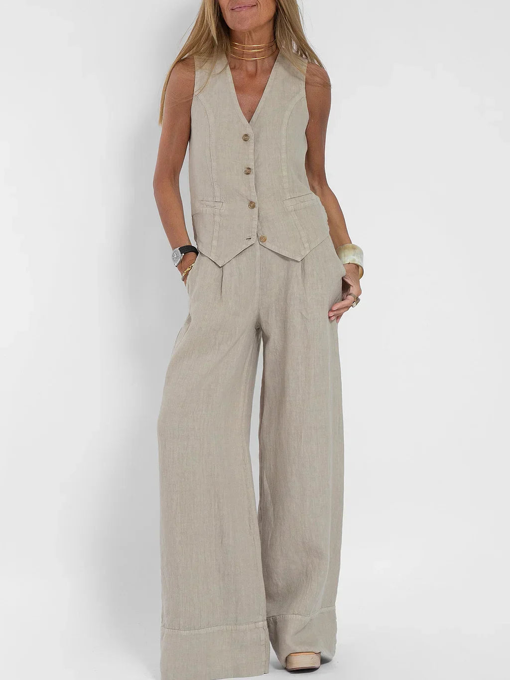 Plain Two-piece Women's Suit with Gilet and Pants for Summer