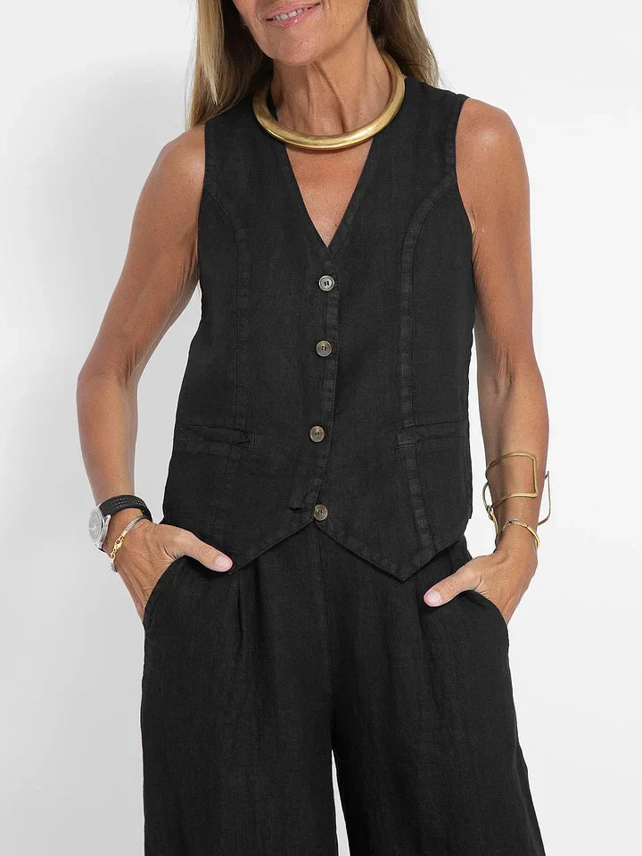 Plain Two-piece Women's Suit with Gilet and Pants for Summer