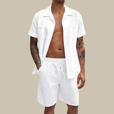 Cotton-Linen Men's Plain Two-piece Set