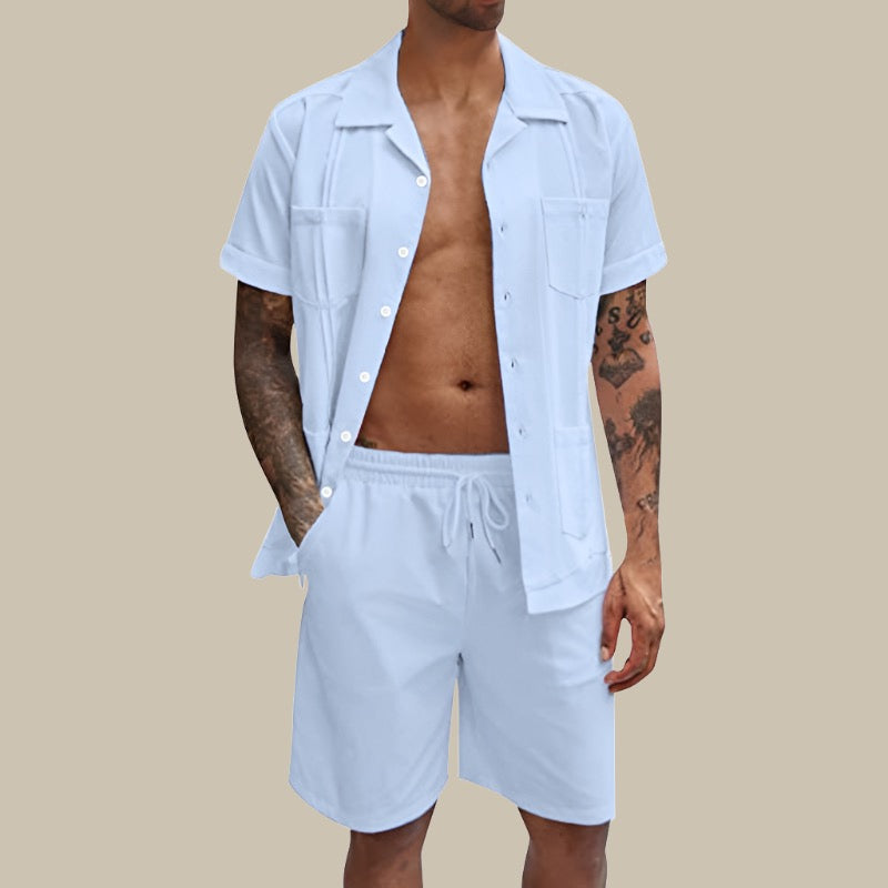 Cotton-Linen Men's Plain Two-piece Set